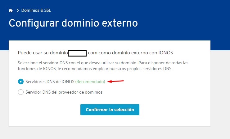 Escoge los servidores DNS de Ionos para tu nombre de dominio externo