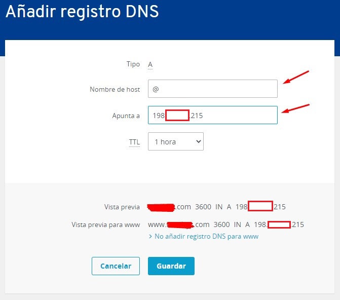 Ingresa los datos para crear el registro DNS