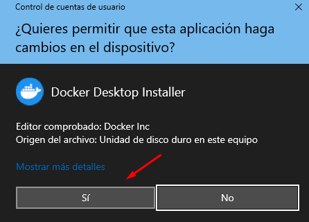 Inicia el instalador de Docker