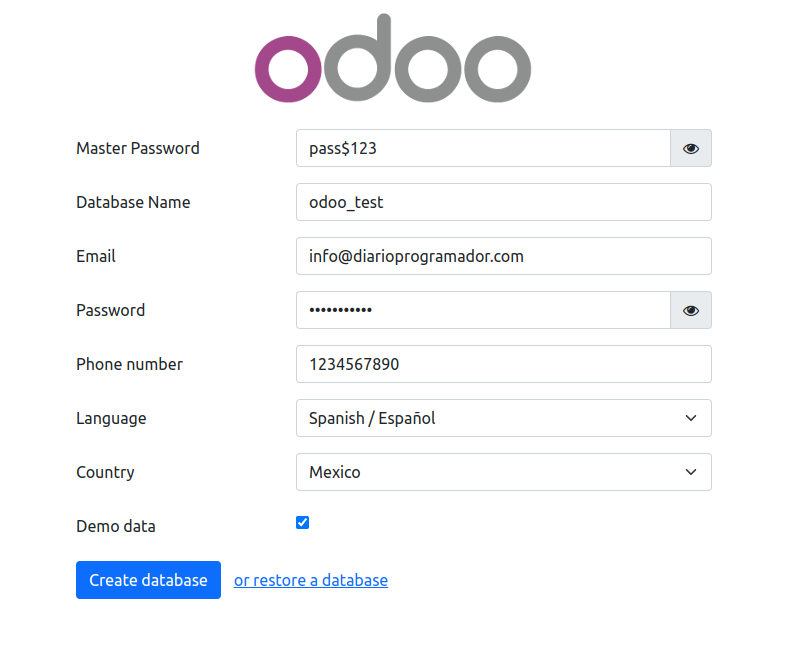 Rellena la información que solicita el instalador de Odoo