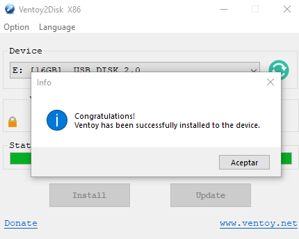 Se instalo correctamente Ventoy en tu USB